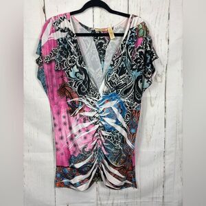 Caren Sport Multicolored Ruched Tunic Top V-neck Split Sleeves